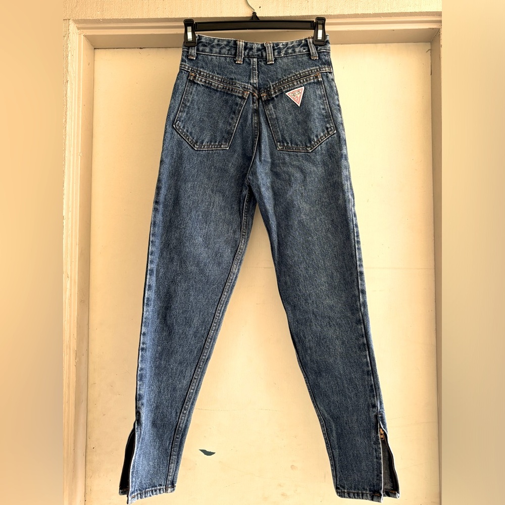Guess by Marciano Medium Blue High-Rise Tapered Jeans with Ankle Slits